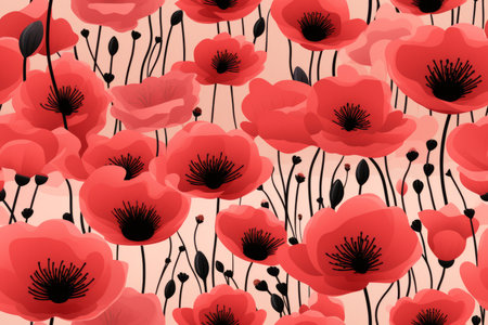 seamless pattern with red poppies on a light pink backgroundの素材