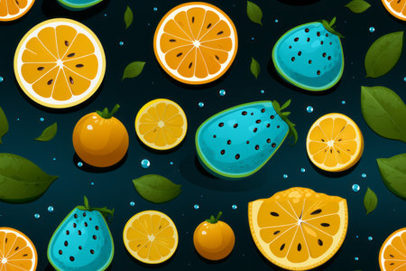 seamless pattern with oranges and watermelon on dark backgroundの素材