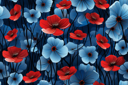 seamless pattern with red and blue poppies on a dark blue backgroundの素材