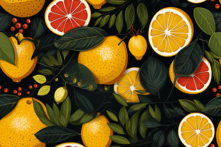 seamless pattern with oranges lemons and grapefruit on a black backgroundの素材