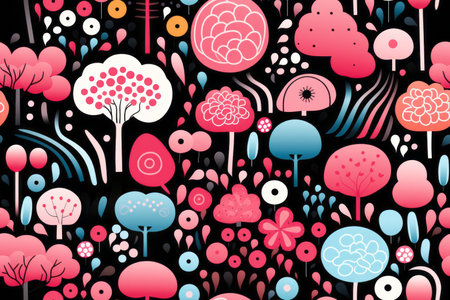 seamless pattern with pink and blue trees and flowers on a black backgroundの素材
