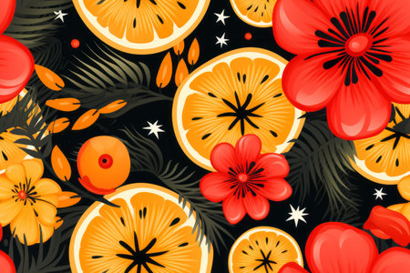 seamless pattern with oranges and flowers on a black backgroundの素材
