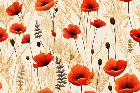 seamless pattern with poppies and wheat on a beige backgroundの素材