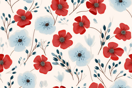 seamless pattern with red and blue poppies on a beige backgroundの素材
