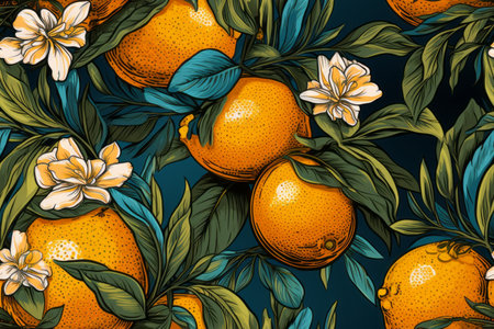 seamless pattern with oranges and flowers on a dark blue backgroundの素材