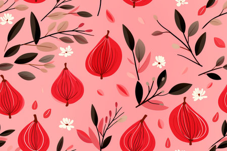 seamless pattern with red and black flowers and leaves on a pink backgroundの素材