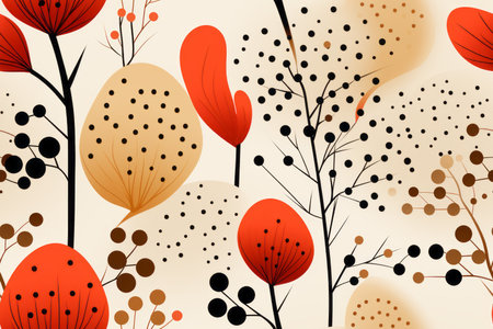 seamless pattern with red and black leaves on a beige backgroundの素材