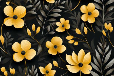 seamless pattern with yellow flowers and leaves on a black backgroundの素材