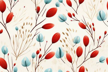 seamless pattern with red and blue flowers on a beige backgroundの素材