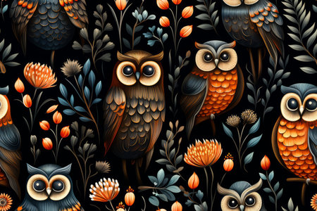 seamless pattern with owls and flowers on a black backgroundの素材