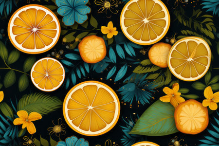 seamless pattern with oranges and leaves on a black backgroundの素材