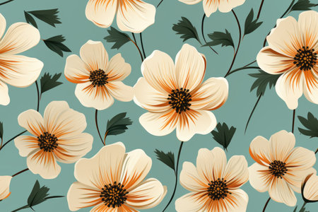 seamless pattern with white and orange flowers on a blue backgroundの素材