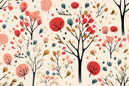 seamless pattern with trees and leaves on a beige backgroundの素材