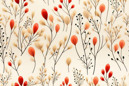 seamless pattern with red flowers and leaves on a beige backgroundの素材