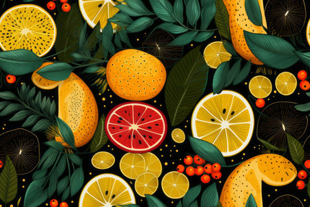 seamless pattern with oranges lemons and berries on black backgroundの素材
