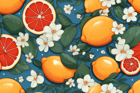 seamless pattern with oranges and grapefruit on blue backgroundの素材