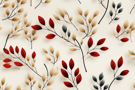 seamless pattern with red and black leaves on a beige backgroundの素材