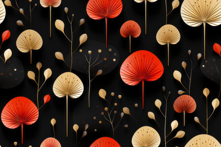 seamless pattern with red and black leaves on a black backgroundの素材