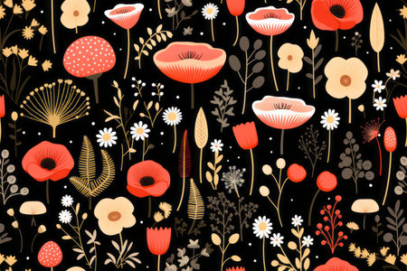 seamless pattern with poppies and daisies on black backgroundの素材