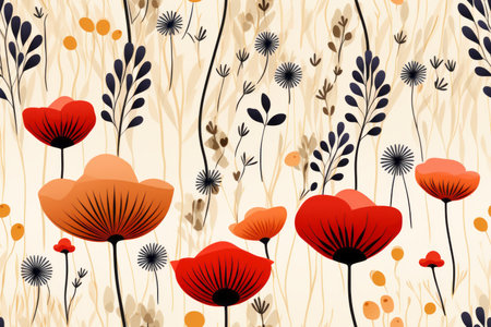 seamless pattern with poppies and grasses on a beige backgroundの素材