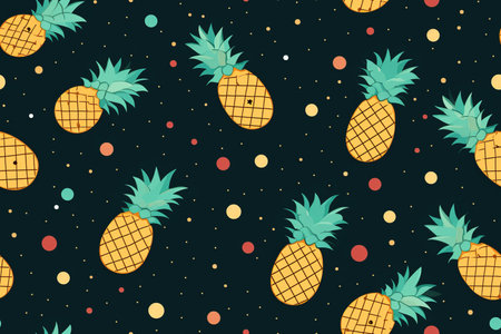 seamless pattern with pineapples and polka dots on a black backgroundの素材