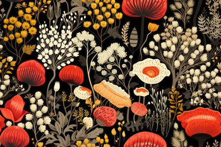 seamless pattern with poppies and wildflowers on a black backgroundの素材