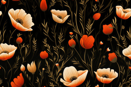 seamless pattern with poppies on black backgroundの素材