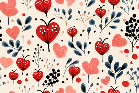 seamless pattern with red hearts and leaves on a beige backgroundの素材
