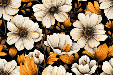 seamless pattern with white and orange flowers on a black backgroundの素材