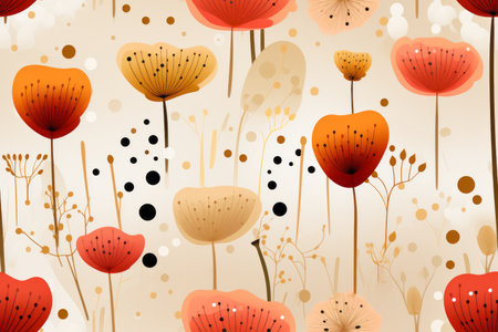 seamless pattern with red and orange flowers on a beige backgroundの素材