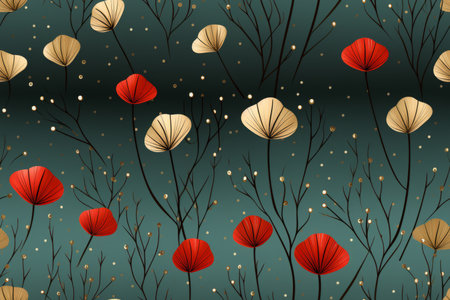 seamless pattern with red and gold flowers on a dark green backgroundの素材