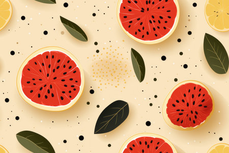 seamless pattern with watermelon slices and leaves on a beige backgroundの素材