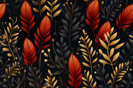 seamless pattern with red and gold leaves on a black backgroundの素材