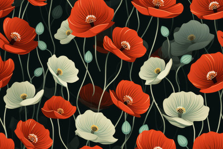 seamless pattern with red and white poppies on a black backgroundの素材