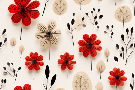 seamless pattern with red flowers and leaves on a white backgroundの素材