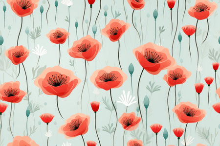 seamless pattern with red poppies on blue backgroundの素材