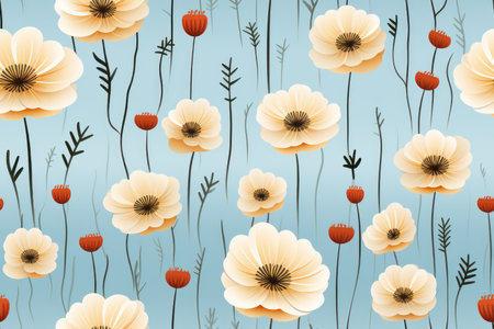 seamless pattern with white and red poppies on a blue backgroundの素材