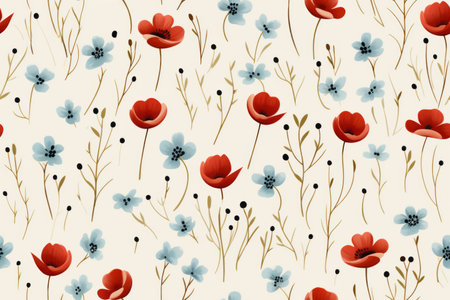 seamless pattern with red poppies and blue flowers on a beige backgroundの素材