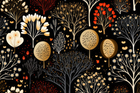 seamless pattern with trees and hearts on a black backgroundの素材