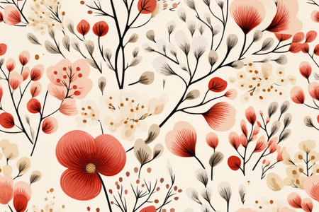 seamless pattern with red flowers and leaves on a beige backgroundの素材