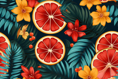 seamless pattern with red grapefruit oranges and leaves on a dark blue backgroundの素材