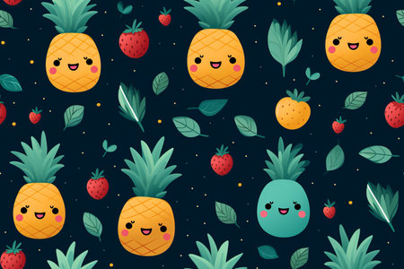 seamless pattern with pineapples and strawberries on a dark backgroundの素材