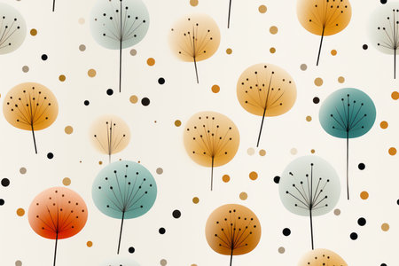 seamless pattern with trees and polka dots on a beige backgroundの素材