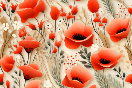 seamless pattern with red poppies on a beige backgroundの素材