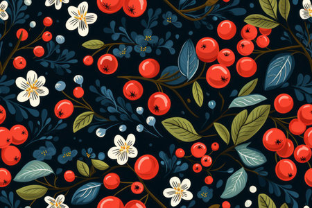 seamless pattern with red berries and white flowers on a black backgroundの素材