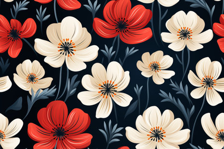 seamless pattern with red and white poppies on a black backgroundの素材