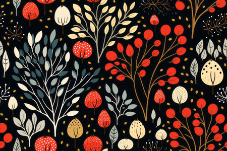 seamless pattern with red black and white flowers on a black backgroundの素材