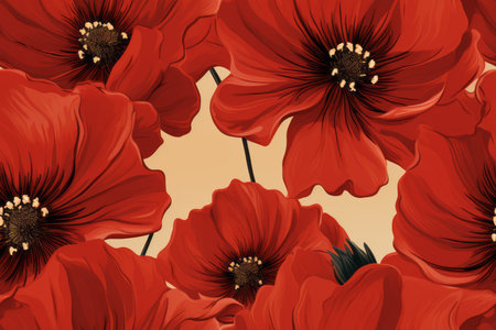 seamless pattern with red poppies on a beige backgroundの素材