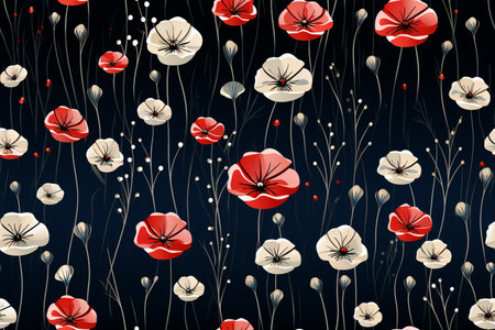 seamless pattern with red and white poppies on a black backgroundの素材