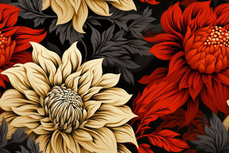 seamless pattern with red and black flowers on a black backgroundの素材